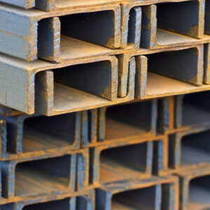 Metal profile channel in packs at the warehouse of metal products, Russia