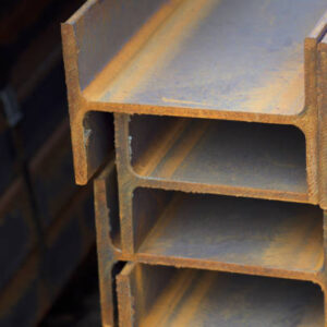 Metal profile beam in packs at the warehouse of metal products, Russia